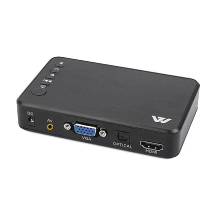 Media Player for Home Video Playback and Advertising Displays black compact unit with HDMI, VGA, optical and AV ports
