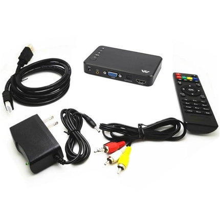 Media Player for Home Video Playback and Advertising Displays showing player unit, remote, power adapter, HDMI and RCA cables