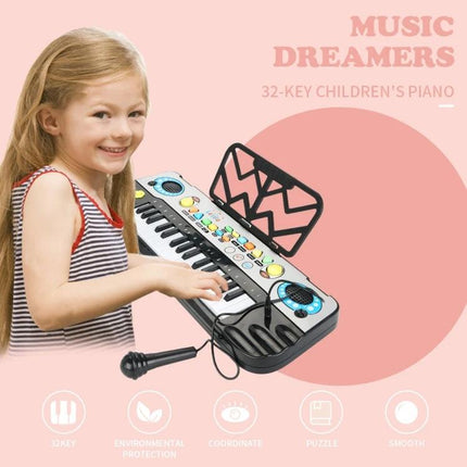 MoFun Keyboard for Children's Everyday Music Learning at Home - smiling child playing 32-key electronic piano with microphone and music stand