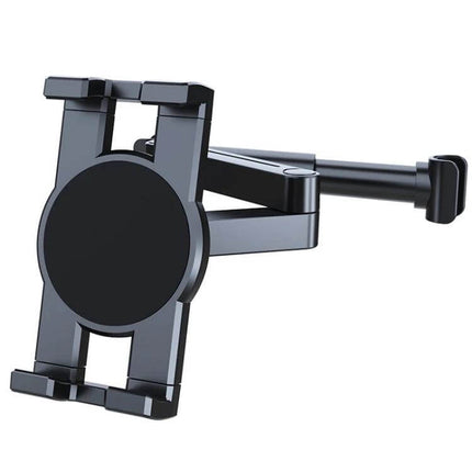 Car Backseat Headrest Tablet Mount With Adjustable Arm showing adjustable arm and 360-degree rotation for rear-seat tablet viewing