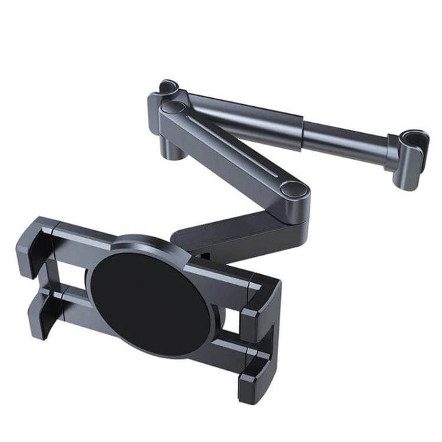 Car Backseat Headrest Tablet Mount With Adjustable Arm holding tablet on adjustable 360-degree rotating arm for rear-seat viewing