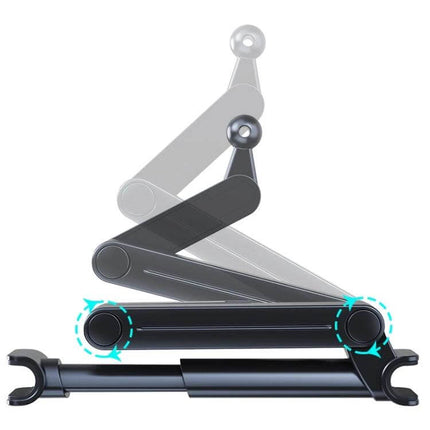 Car Backseat Headrest Tablet Mount With Adjustable Arm showing adjustable arm and 360-degree rotation for stable rear-seat tablet viewing