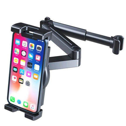 Car Backseat Headrest Tablet Mount With Adjustable Arm holding a tablet on an adjustable 360-degree rotating arm for rear-seat viewing