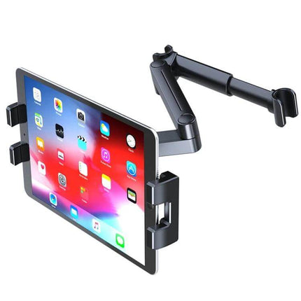 Car Backseat Headrest Tablet Mount With Adjustable Arm holding tablet on adjustable 360-degree rotating arm for rear-seat viewing
