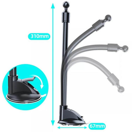 Car Phone Holder Windshield Mount With Bendable Arm showing adjustable 310mm arm, 360° rotation and strong suction base for cars and rideshares
