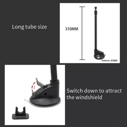 Car Phone Holder Windshield Mount With Bendable Arm showing 310mm bendable arm, suction cup base and windshield switch mechanism
