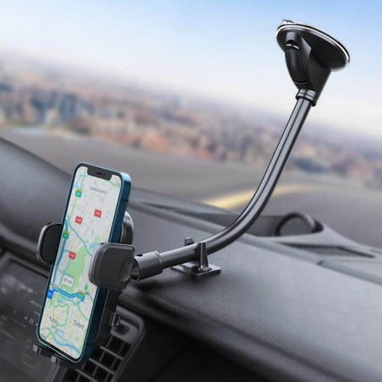 Car Phone Holder Windshield Mount With Bendable Arm mounted on dashboard with smartphone showing navigation, 360° rotation and suction cup