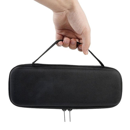 Anker Soundcore Motion Plus Padded Carrying Case For Travel held by hand, black EVA semi-rigid speaker case with zipper and handle