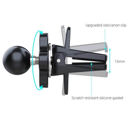 Car Phone Holder Air Vent Mount For Hands Free Driving showing upgraded olecranon clip, scratch-resistant silicone gasket and ball-joint swivel