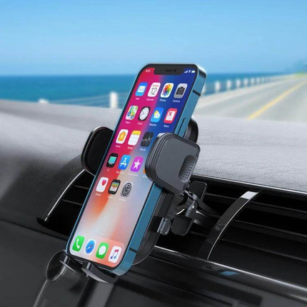 Car Phone Holder Air Vent Mount For Hands Free Driving showing quick-release, extendable arms securing smartphone on car air vent for navigation and calls