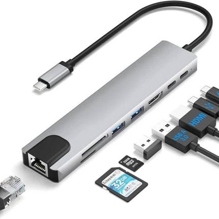 8-in-1 USB-C Multiport Hub for Laptops and Peripherals showing HDMI, USB-A, SD card slots, Ethernet and USB-C connections