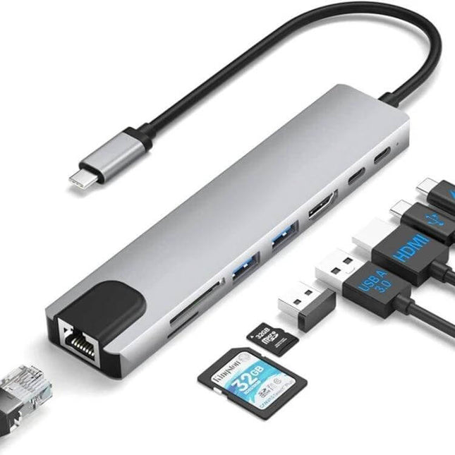 8-in-1 USB-C Multiport Hub for Laptops and Peripherals showing HDMI, USB-A, SD card slots, Ethernet and USB-C connections