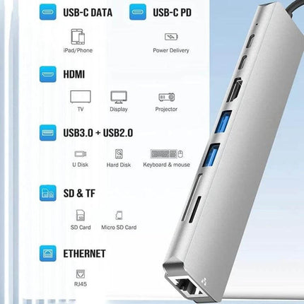 8-in-1 USB-C Multiport Hub for Laptops and Peripherals — slim aluminum hub with HDMI, USB3.0, SD/TF, Ethernet and USB-C PD ports