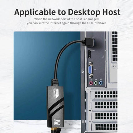 JSM USB 3.0 Ethernet Adapter for Reliable Network Connections plugged into a desktop USB port for stable wired internet, ideal for streaming and gaming