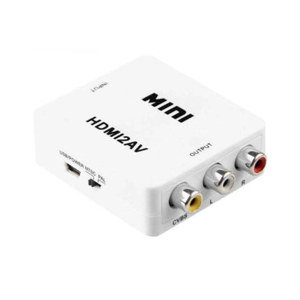 JSM Compact HDMI to AV Video Converter for Analog TVs white mini HDMI2AV box with RCA outputs and USB power