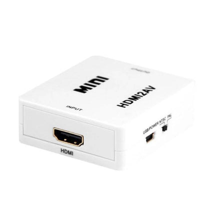 JSM Compact HDMI to AV Video Converter for Analog TVs white mini HDMI2AV box showing HDMI input and AV output ports