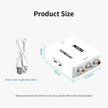 JSM Compact HDMI to AV Video Converter for Analog TVs white mini HDMI2AV converter showing dimensions and RCA outputs with USB power cable