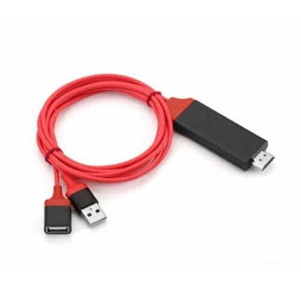 USB to HDMI Adapter Cable for Phone Screen Mirroring to TV showing red wired adapter with USB and HDMI connectors for streaming and presentations