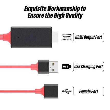 USB to HDMI Adapter Cable for Phone Screen Mirroring to TV showing HDMI output port, USB charging port, and female port