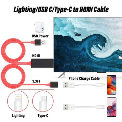 USB to HDMI Adapter Cable for Phone Screen Mirroring to TV - red Lightning/Type-C cable showing USB power, HDMI box and phone connected to TV