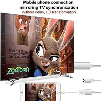 USB to HDMI Adapter Cable for Phone Screen Mirroring to TV showing smartphone mirrored on TV with Zootopia image