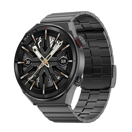 DT3 Mate Smart Watch for Everyday Health Monitoring showing black metal case and bracelet with analog-style health display