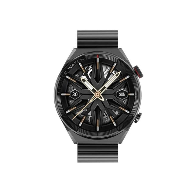 DT3 Mate Smart Watch for Everyday Health Monitoring black metal smartwatch face showing heart rate and date features