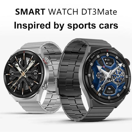 DT3 Mate Smart Watch for Everyday Health Monitoring - two metal band smartwatches with sporty car-inspired dials showing heart rate and activity