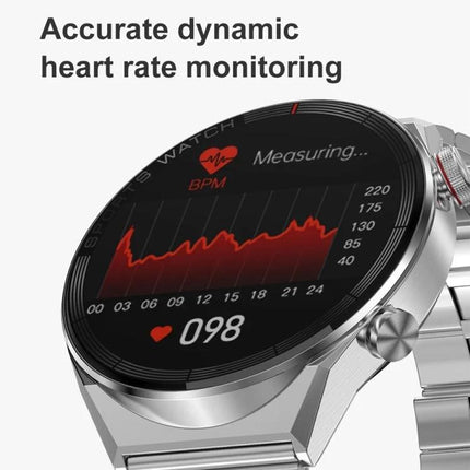 DT3 Mate Smart Watch for Everyday Health Monitoring showing heart rate graph, BPM 098 on silver smartwatch face