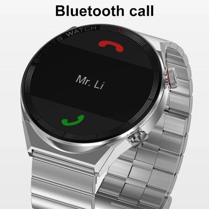 DT3 Mate Smart Watch for Everyday Health Monitoring showing incoming Bluetooth call screen with silver metal strap and contact ‘Mr. Li’