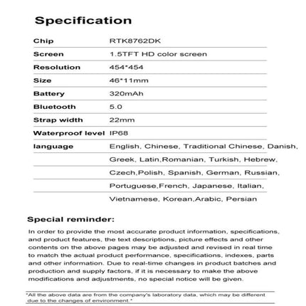 DT3 Mate Smart Watch for Everyday Health Monitoring specification sheet showing screen, battery, sensors, waterproof level and languages