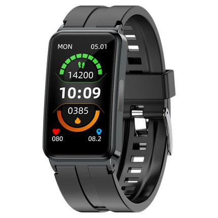 A Smart Watch for Daily Health Tracking in Your Routine showing step count, heart rate, sleep and time on a black rectangular display