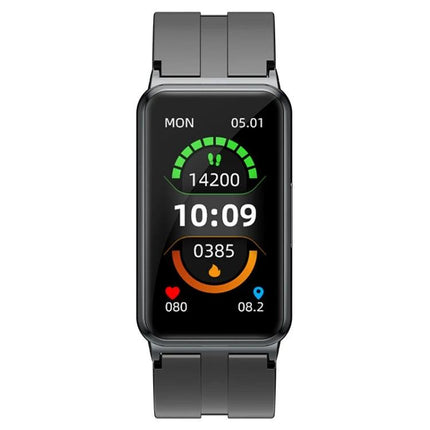 A Smart Watch for Daily Health Tracking in Your Routine - rectangular fitness smartwatch showing steps, time, heart rate, blood oxygen and calories