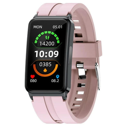 A Smart Watch for Daily Health Tracking in Your Routine showing pink band, step count, heart rate, blood oxygen and sleep metrics on-screen