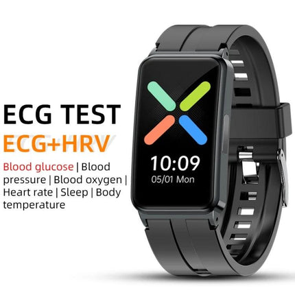 A Smart Watch for Daily Health Tracking in Your Routine showing ECG, HRV, heart rate, blood pressure, SpO2, sleep tracking on black sport band watch