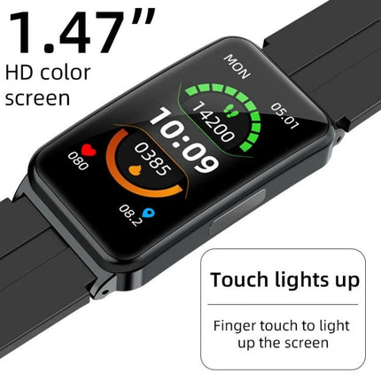 A Smart Watch for Daily Health Tracking in Your Routine showing 1.47" HD color screen, heart rate, steps, blood oxygen and sleep monitoring on wrist display