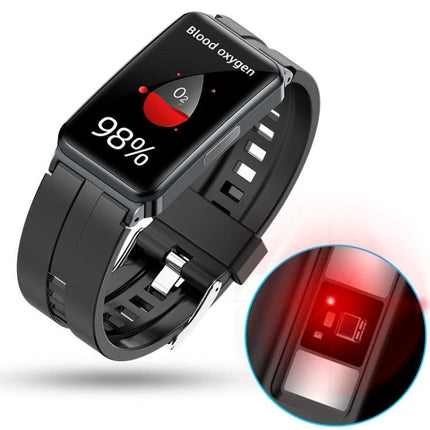 A Smart Watch for Daily Health Tracking in Your Routine showing blood oxygen 98% on screen and heart rate/SpO2 sensor with black strap