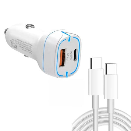 Car USB Charger With 1m Type-C Cable For In Car Use - white dual-port PD3.0 QC3.0 38W charger with 1m Type-C cable