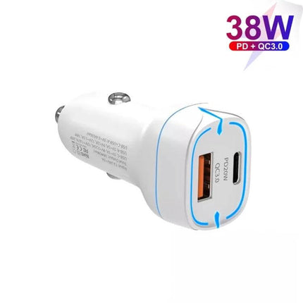 Car USB Charger With 1m Type-C Cable For In Car Use white 38W PD3.0 QC3.0 dual-port car charger with 1m Type-C cable