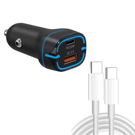 Car USB Charger With 1m Type-C Cable For In Car Use - dual PD3.0 QC3.0 ports, PD20W USB-C and USB-A, 12–24V car charger with 1m Type-C cable