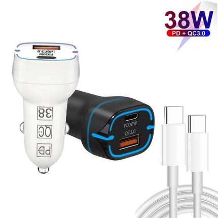 Car USB Charger With 1m Type-C Cable For In Car Use - 38W PD3.0 QC3.0 dual-port car charger with USB-C and USB-A and 1m Type-C cable