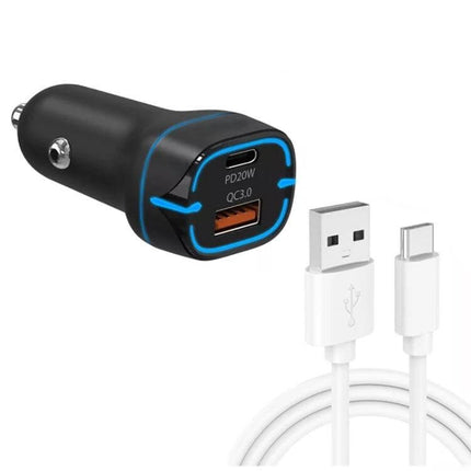 USB Car Charger With 1m USB C Cable For On The Go Use, black dual-port 38W car charger with PD3.0 QC3.0 and included white 1m USB-C cable