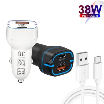 USB Car Charger With 1m USB C Cable For On The Go Use - 38W PD3.0 QC3.0 dual-port car charger with 1m USB-C cable, white and black units