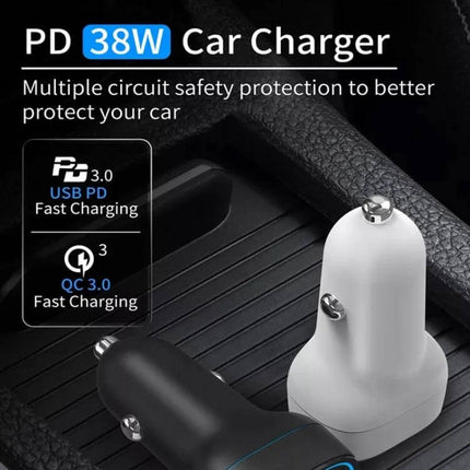 USB Car Charger With 1m USB C Cable For On The Go Use - 38W PD3.0 QC3.0 dual-port fast charging car adapter with 1m USB-C cable