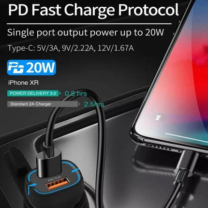 USB Car Charger With 1m USB C Cable For On The Go Use - 38W dual PD3.0 QC3.0 car charger with 1m USB-C cable charging smartphone in vehicle