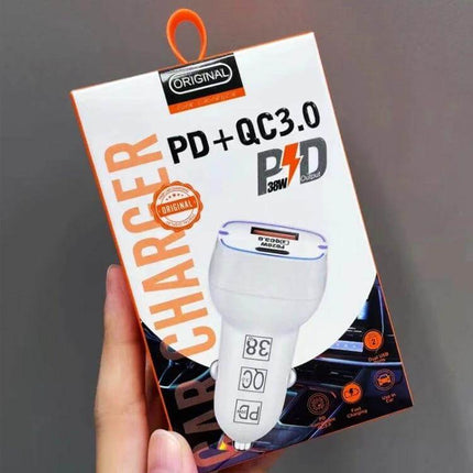 USB Car Charger With 1m USB C Cable For On The Go Use - 38W PD3.0 QC3.0 dual-port car charger with 1m USB-C cable