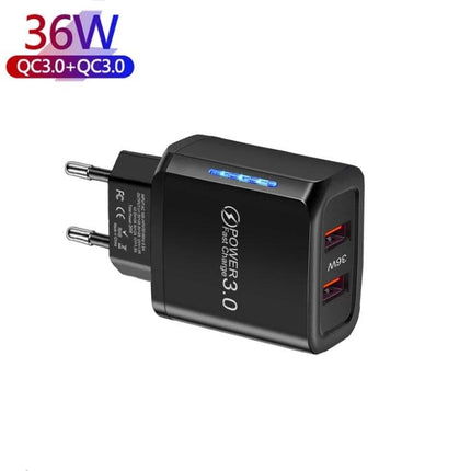 USB Charger for Daily Phone Use at Home or Travel - dual-port 36W QC3.0 black wall adapter for phone and tablet