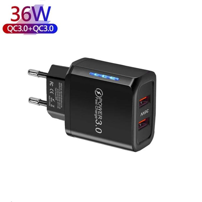 USB Charger for Daily Phone Use at Home or Travel - dual-port 36W QC3.0 black wall adapter for phone and tablet