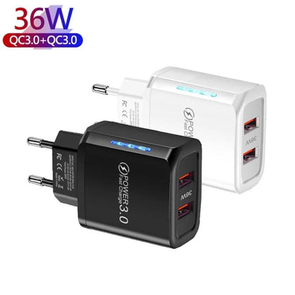 USB Charger for Daily Phone Use at Home or Travel - dual-port 36W QC3.0 USB 3.0 travel charger in black and white
