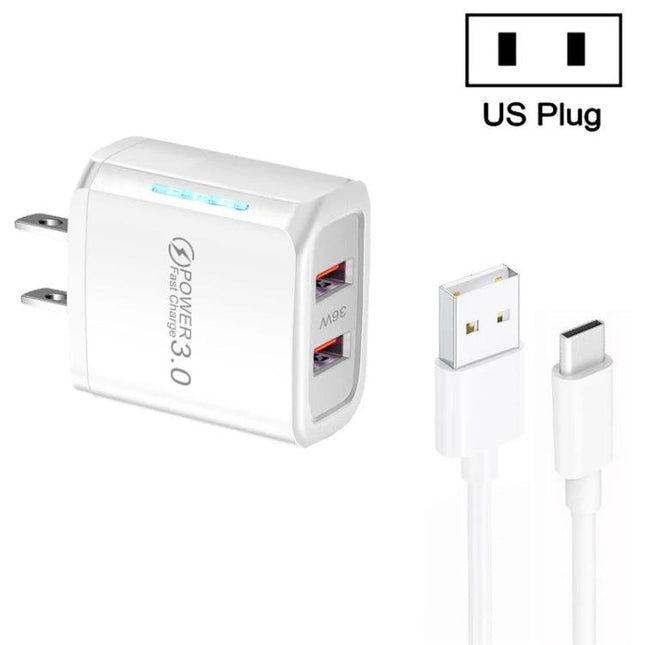 USB Charger for Everyday Device Charging at Home and Travel - white dual QC3.0 USB wall charger with USB-A and USB-C cable, US plug